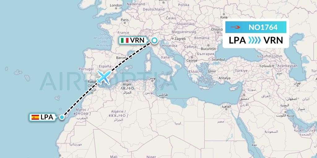 NO1764 Neos Flight Map: Las Palmas to Verona