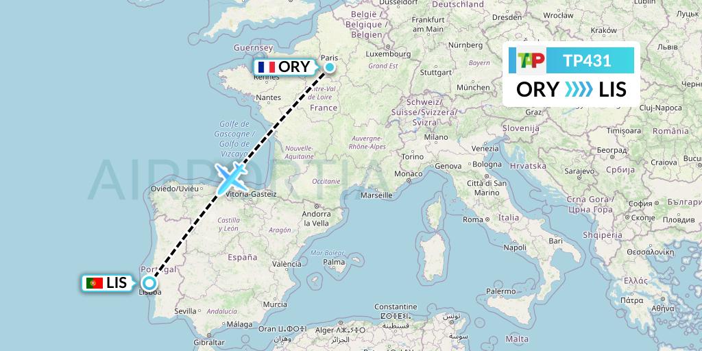 TP431 TAP Portugal Flight Map: Paris to Lisbon