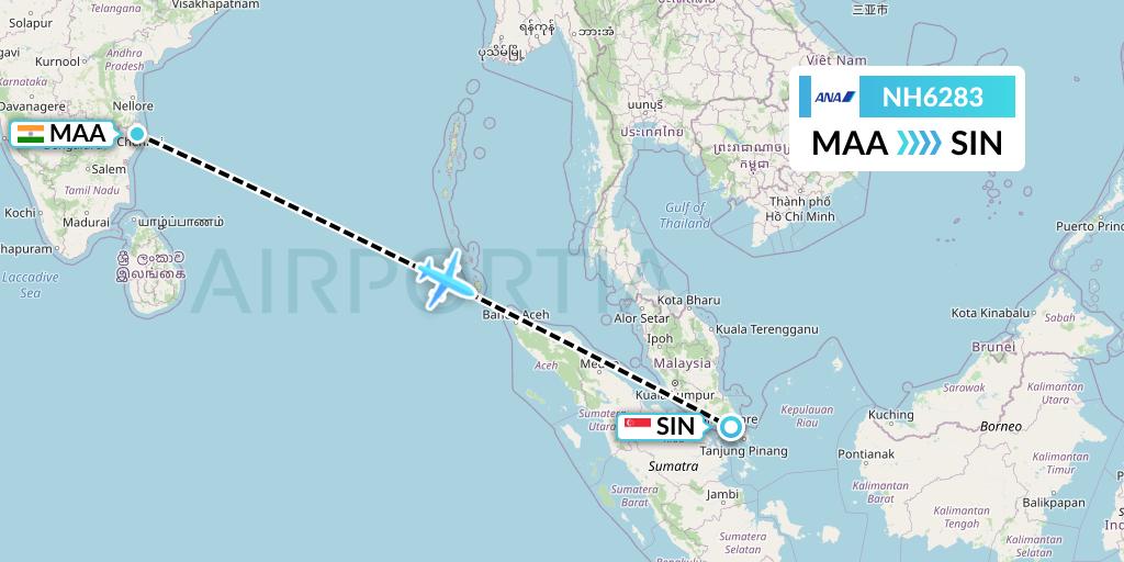 NH6283 All Nippon Airways Flight Map: Chennai to Singapore