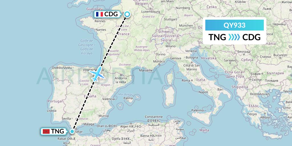 QY933 European Air Transport Flight Map: Tangier to Paris