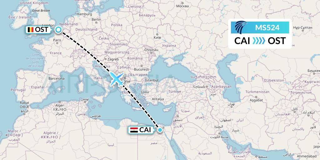 MS524 EgyptAir Flight Map: Cairo to Ostend