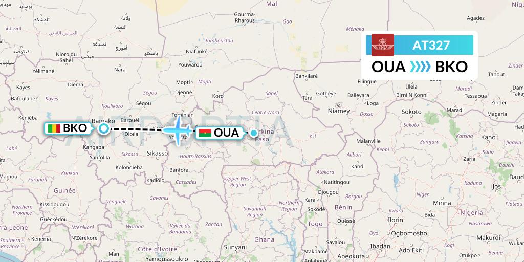 AT327 Royal Air Maroc Flight Map: Ouagadougou to Bamako