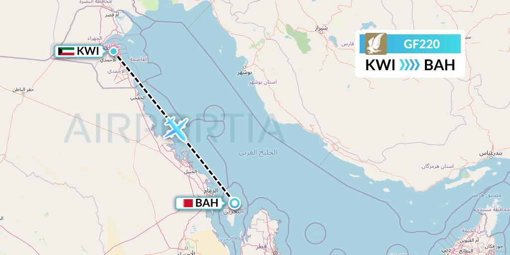GF220 Gulf Air Flight Map: Kuwait City to Bahrain