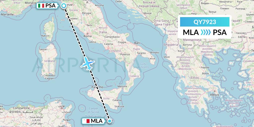QY7923 European Air Transport Flight Map: Malta to Pisa