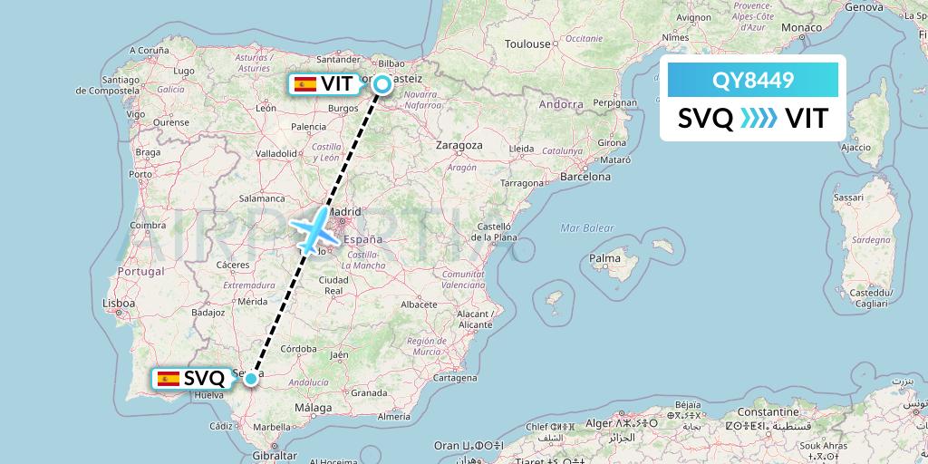 QY8449 European Air Transport Flight Map: Seville to Vitoria