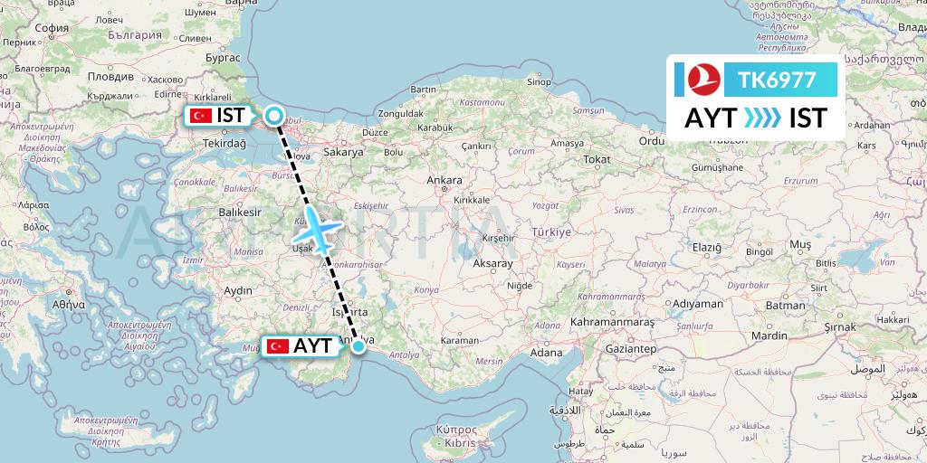 TK6977 Turkish Airlines Flight Map: Antalya to Istanbul