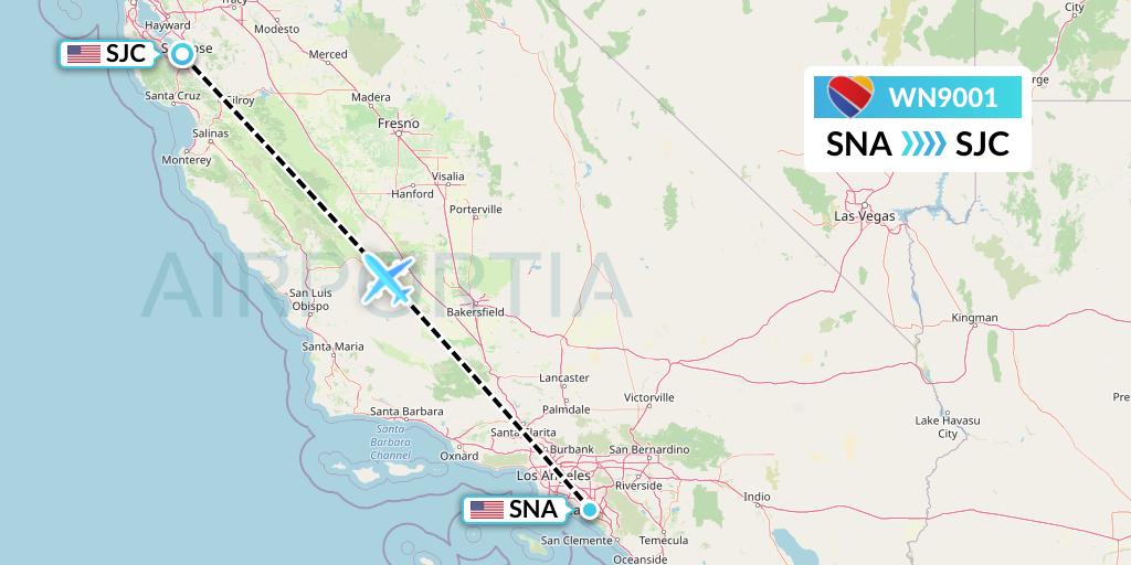WN9001 Southwest Airlines Flight Map: Orange County to San Jose