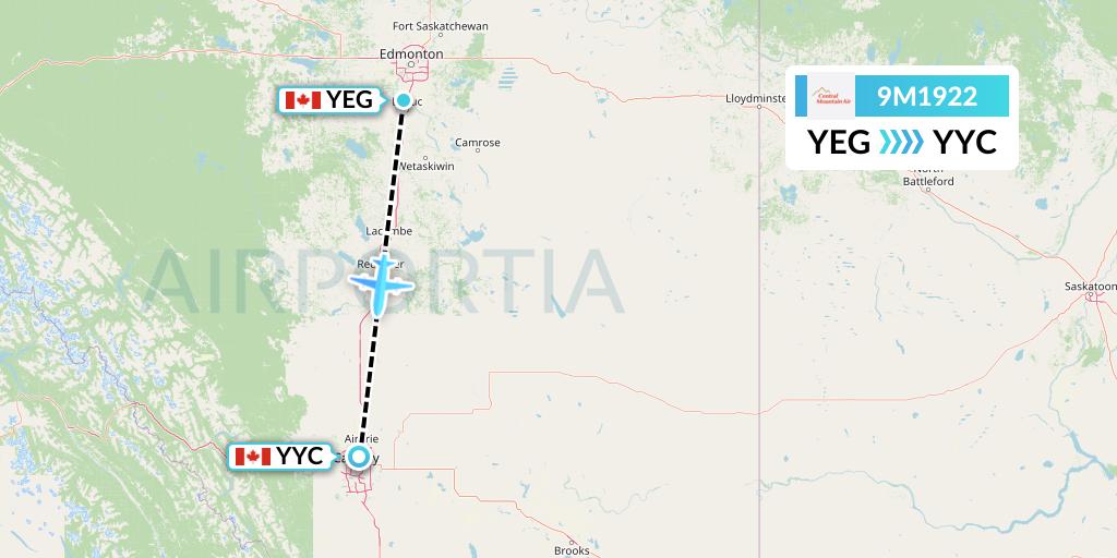 9M1922 Central Mountain Air Flight Map: Edmonton to Calgary