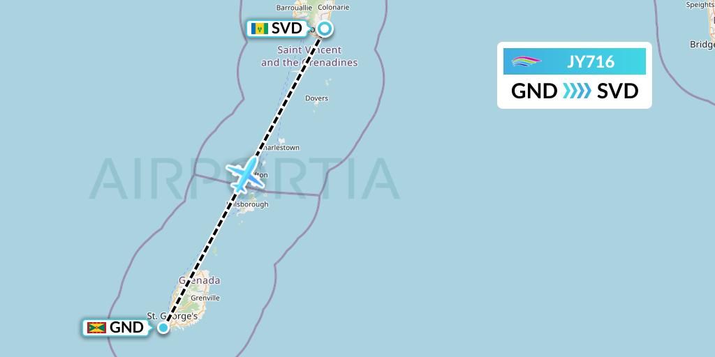 JY716 InterCaribbean Airways Flight Map: Point Salines to Kingstown