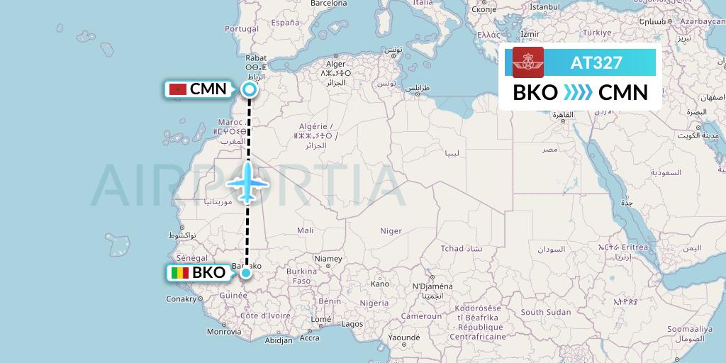 AT327 Royal Air Maroc Flight Map: Bamako to Casablanca