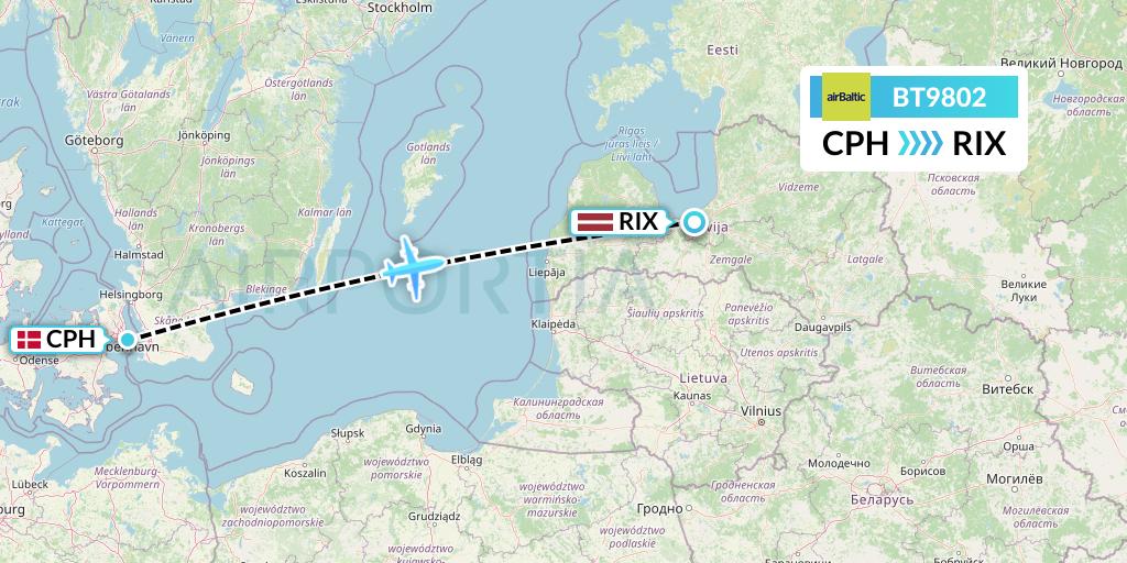 BT9802 Air Baltic Flight Map: Copenhagen to Riga