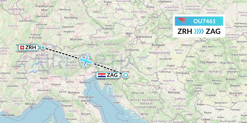 OU7461 Croatia Airlines Flight Map: Zurich to Zagreb