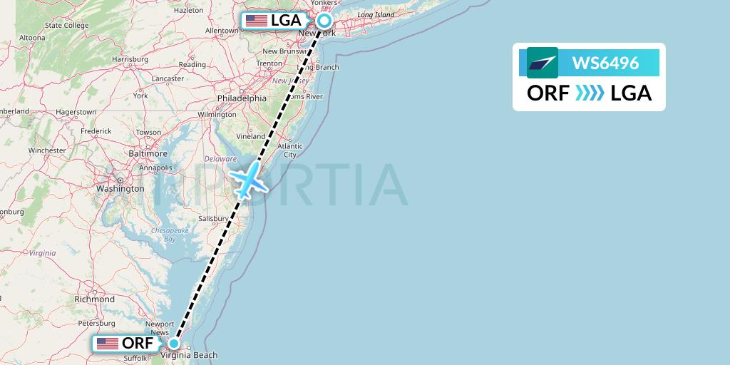 WS6496 WestJet Flight Map: Norfolk to New York