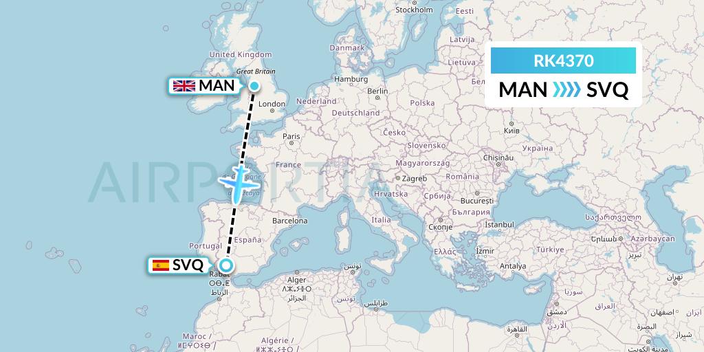 RK4370 Ryanair UK Flight Map: Manchester to Seville