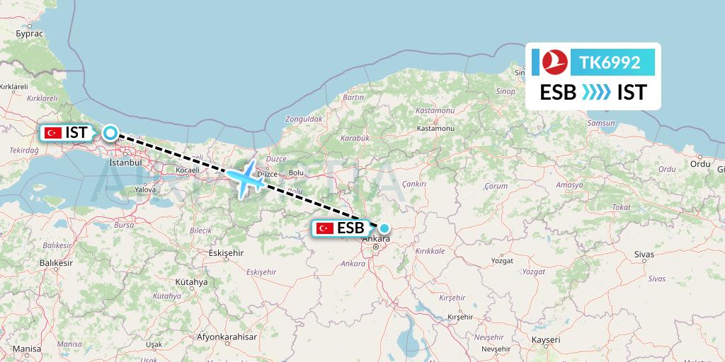 TK6992 Turkish Airlines Flight Map: Ankara to Istanbul