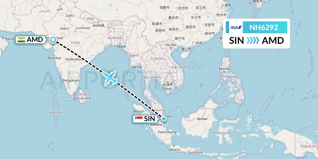 NH6292 All Nippon Airways Flight Map: Singapore to Ahmedabad