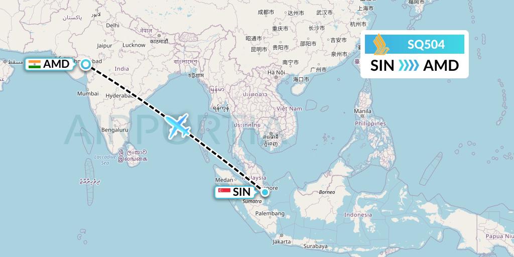 SQ504 Singapore Airlines Flight Map: Singapore to Ahmedabad