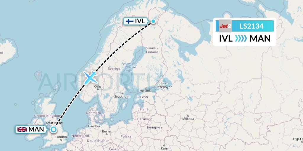 LS2134 Jet2 Flight Map: Ivalo to Manchester