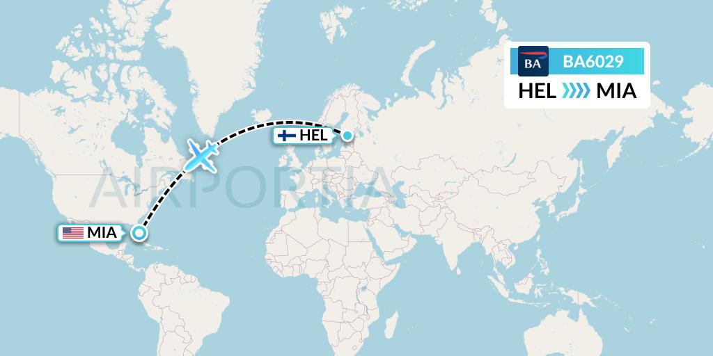BA6029 British Airways Flight Map: Helsinki to Miami