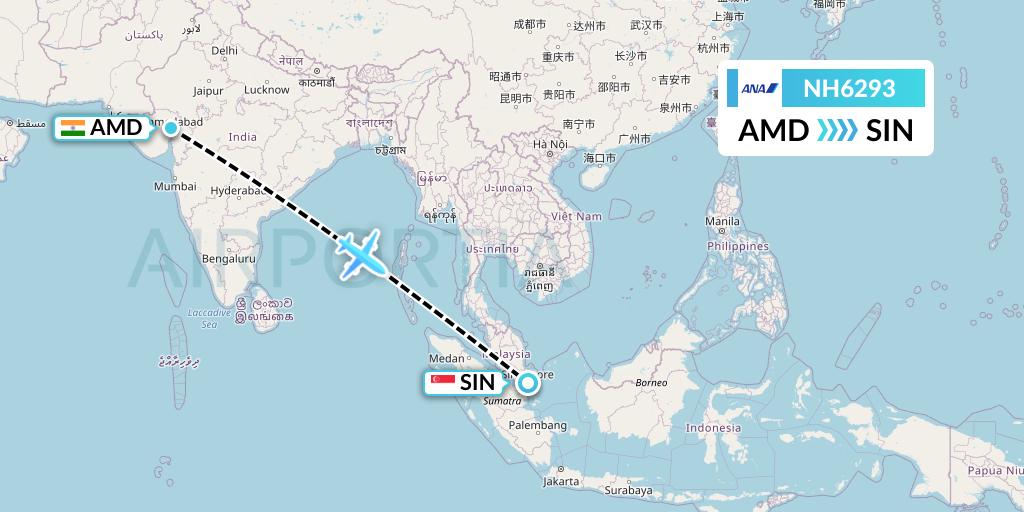 NH6293 All Nippon Airways Flight Map: Ahmedabad to Singapore