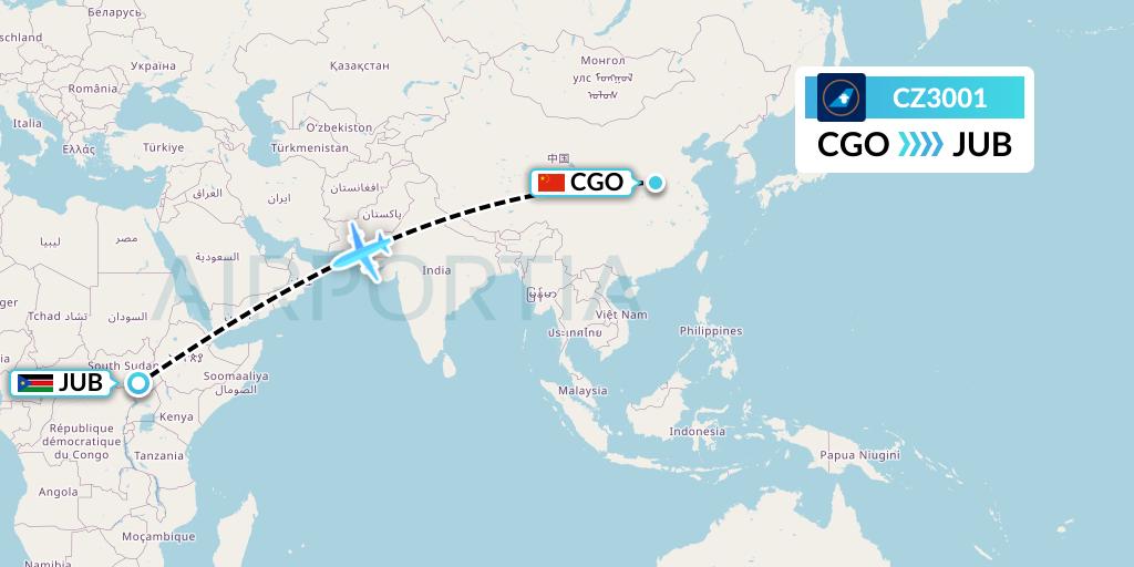 CZ3001 China Southern Airlines Flight Map: Zhengzhou to Juba