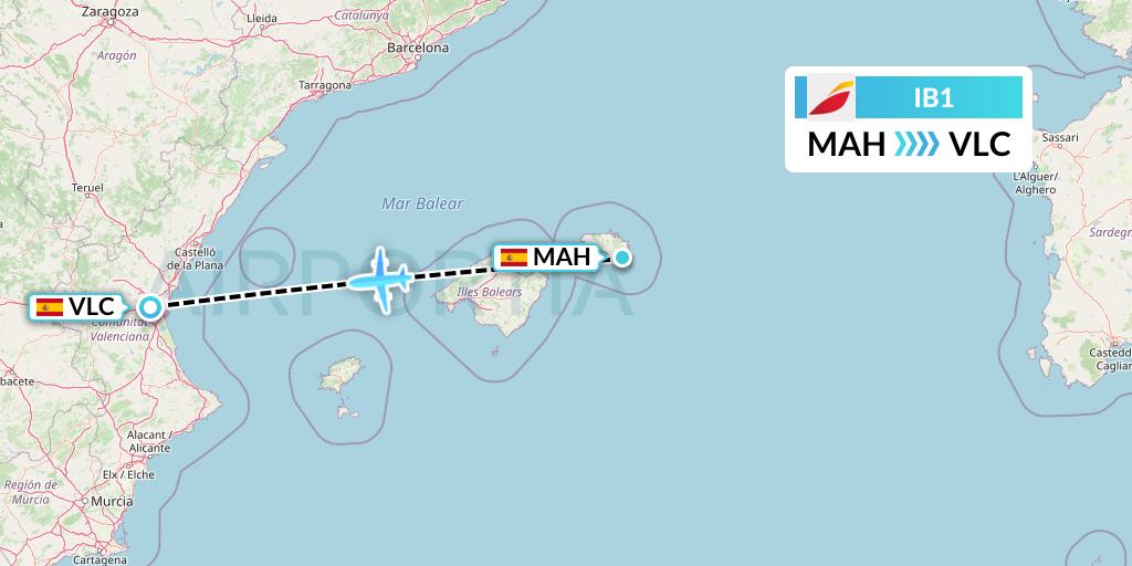 IB1 Iberia Flight Map: Mahon to Valencia