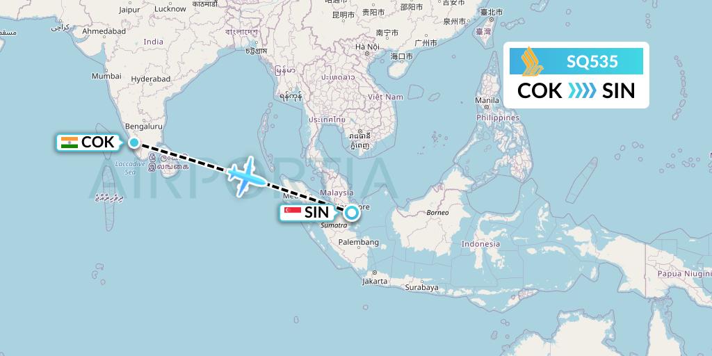 SQ535 Singapore Airlines Flight Map: Cochin to Singapore