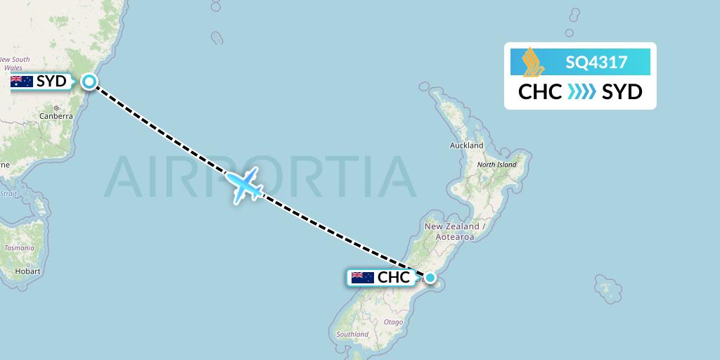 SQ4317 Singapore Airlines Flight Map: Christchurch to Sydney