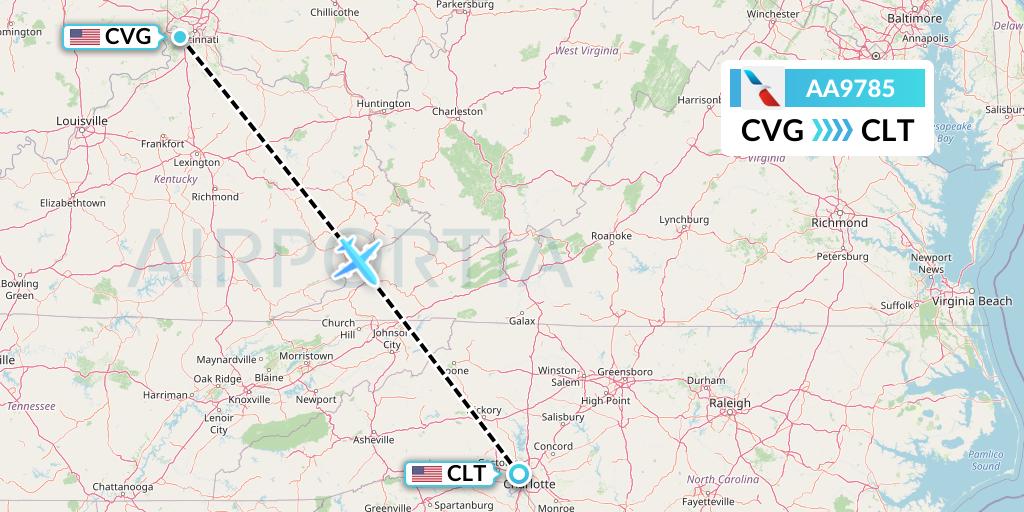 AA9785 American Airlines Flight Map: Cincinnati to Charlotte