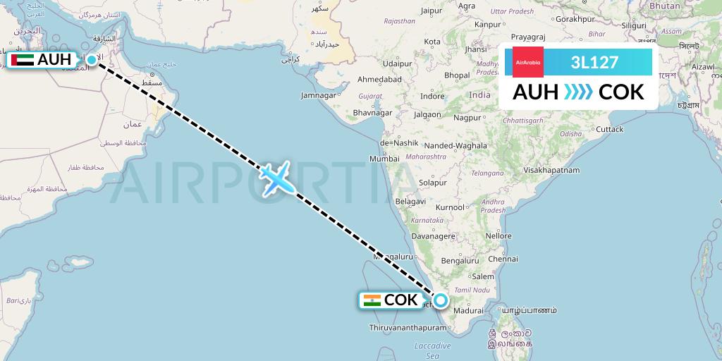 3L127 Air Arabia Abu Dhabi Flight Map: Abu Dhabi to Cochin