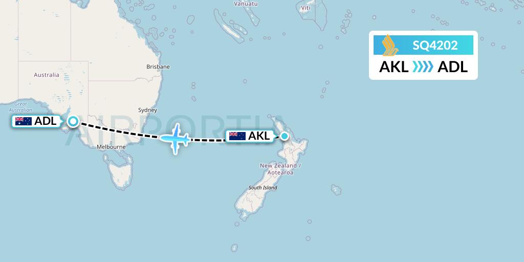 SQ4202 Singapore Airlines Flight Map: Auckland to Adelaide