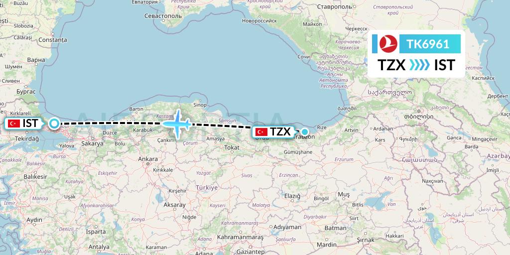 TK6961 Turkish Airlines Flight Map: Trabzon to Istanbul