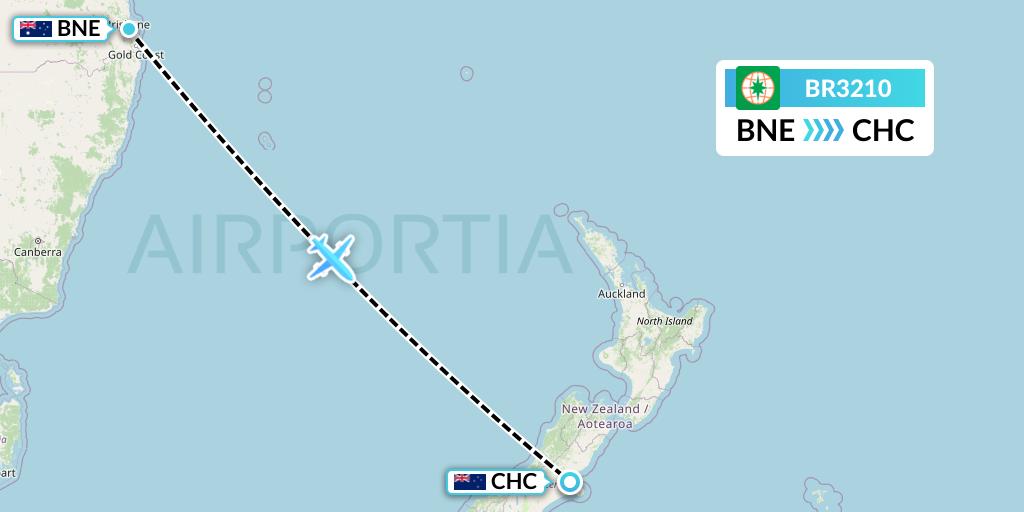 BR3210 EVA Air Flight Map: Brisbane to Christchurch