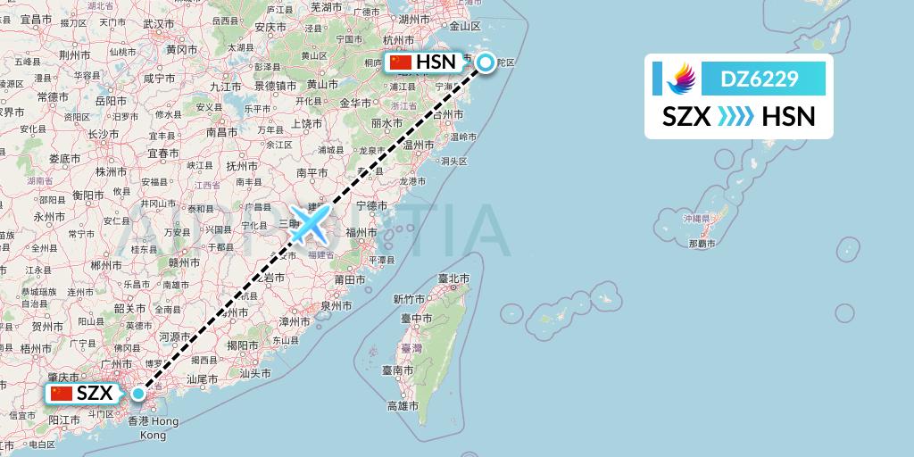 DZ6229 Donghai Airlines Flight Map: Shenzhen to Zhoushan