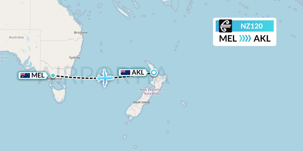 NZ120 Air New Zealand Flight Map: Melbourne to Auckland