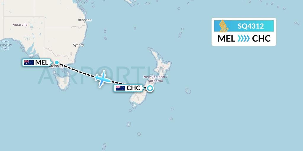 SQ4312 Singapore Airlines Flight Map: Melbourne to Christchurch