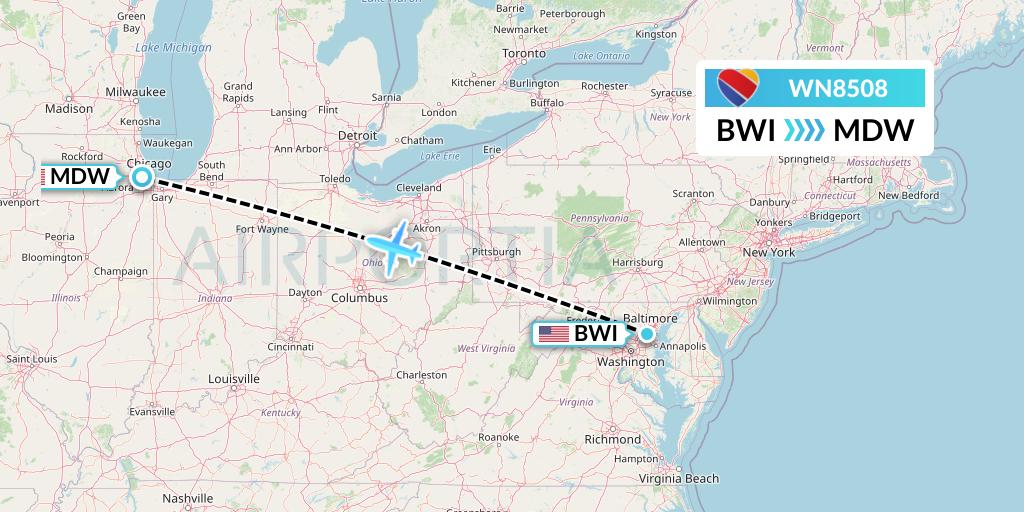 WN8508 Southwest Airlines Flight Map: Baltimore to Chicago