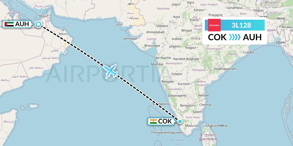 3L128 Air Arabia Abu Dhabi Flight Map: Cochin to Abu Dhabi