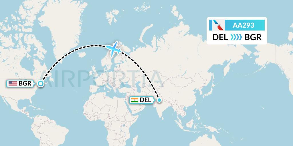 AA293 American Airlines Flight Map: Delhi to Bangor