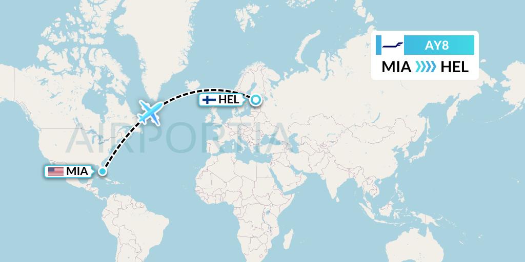 AY8 Finnair Flight Map: Miami to Helsinki