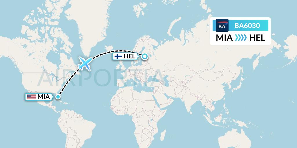 BA6030 British Airways Flight Map: Miami to Helsinki