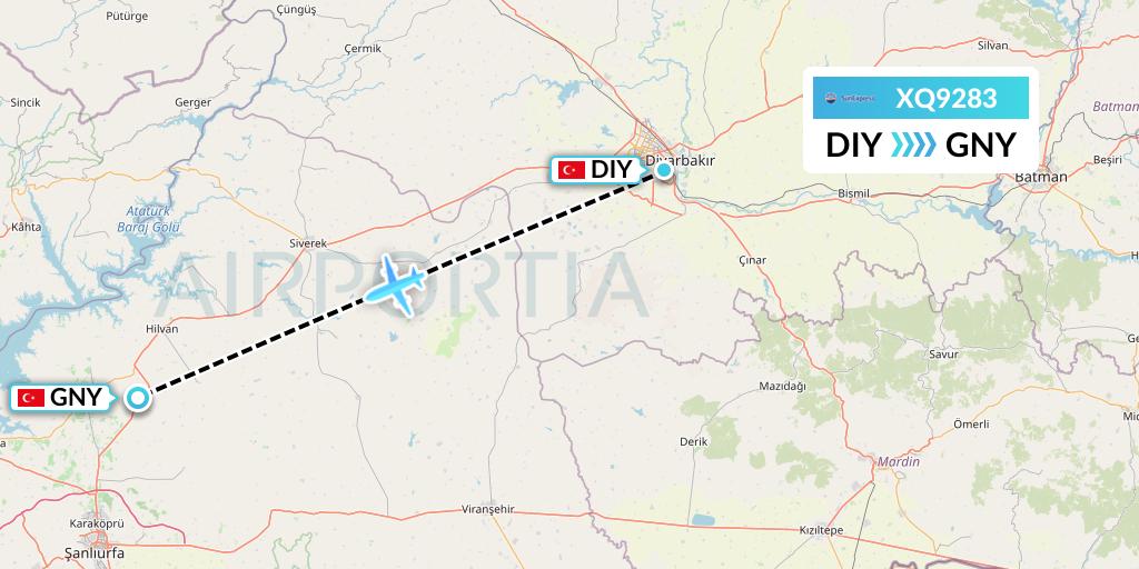 XQ9283 SunExpress Flight Map: Diyarbakir to Sanliurfa