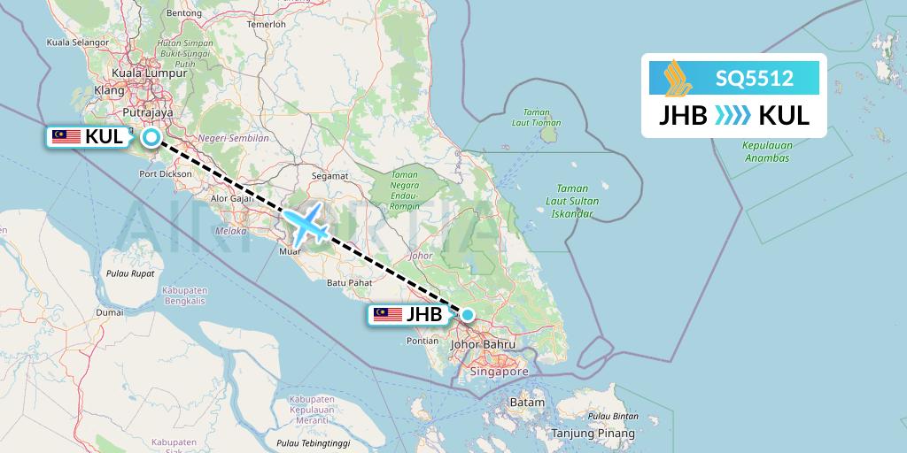 SQ5512 Singapore Airlines Flight Map: Johor Bahru to Kuala Lumpur