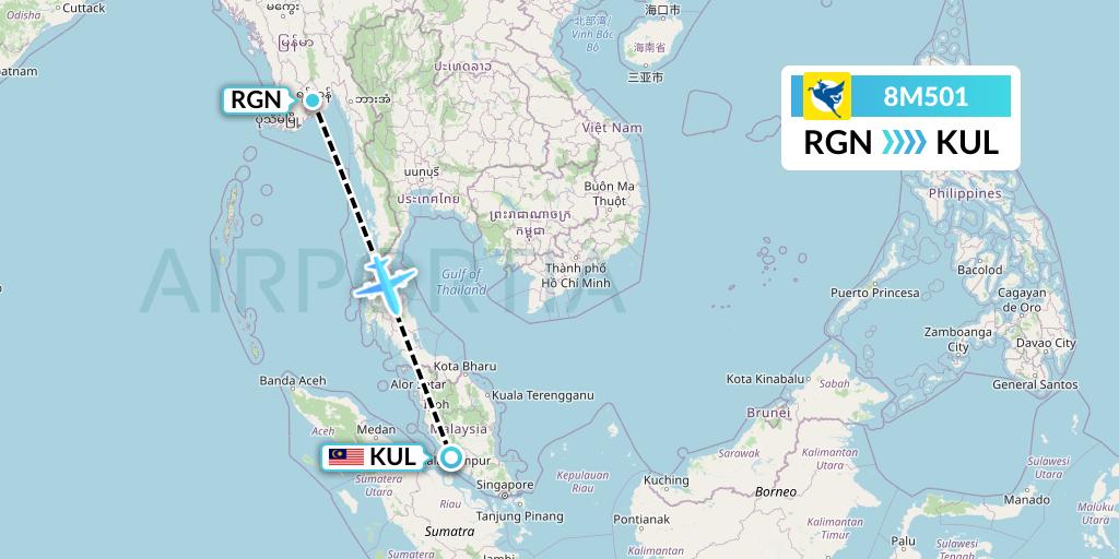 8M501 Myanmar Airways International Flight Map: Yangon to Kuala Lumpur
