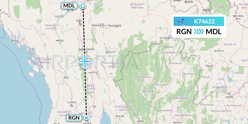 K74622 Air KBZ Flight Map: Yangon to Mandalay