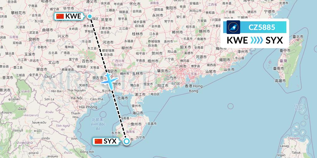 CZ5885 China Southern Airlines Flight Map: Guiyang to Sanya