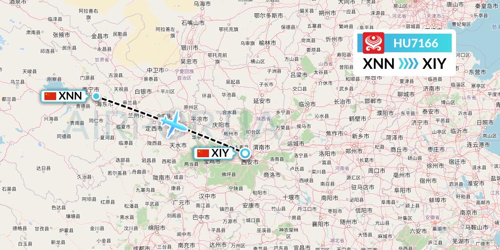 HU7166 Hainan Airlines Flight Map: Xining to Xi'an
