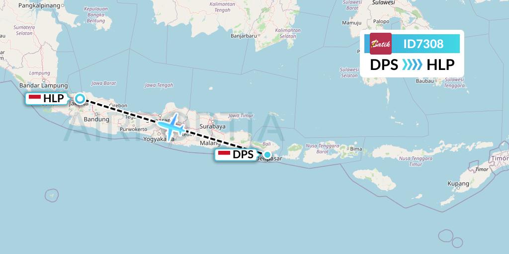 ID7308 Batik Air Flight Map: Denpasar to Jakarta