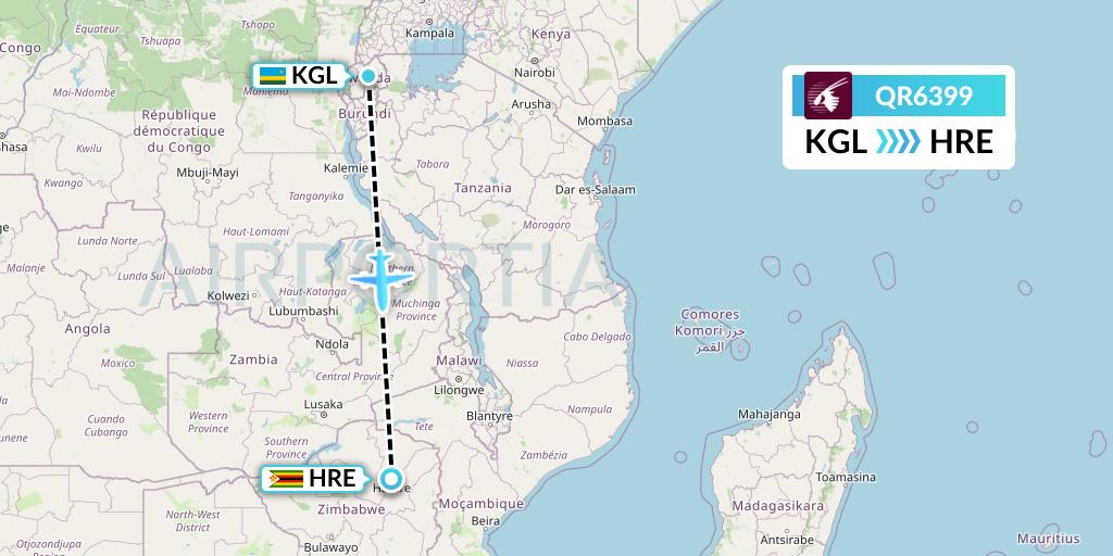 QR6399 Qatar Airways Flight Map: Kigali to Harare