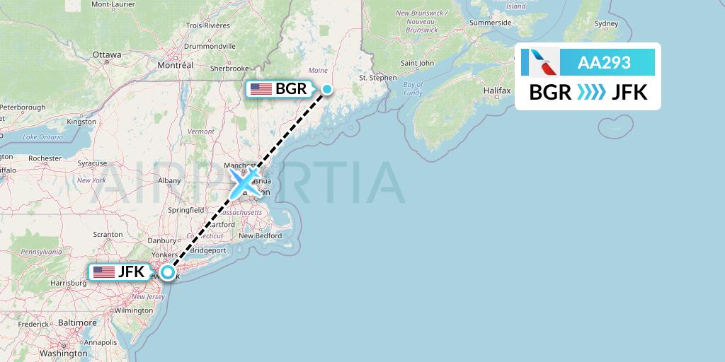 AA293 American Airlines Flight Map: Bangor to New York